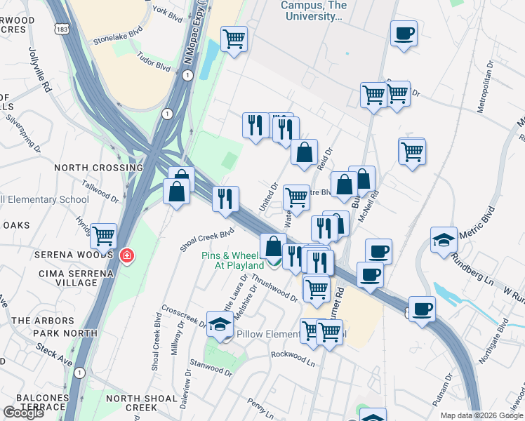 map of restaurants, bars, coffee shops, grocery stores, and more near 300 Research Boulevard in Austin