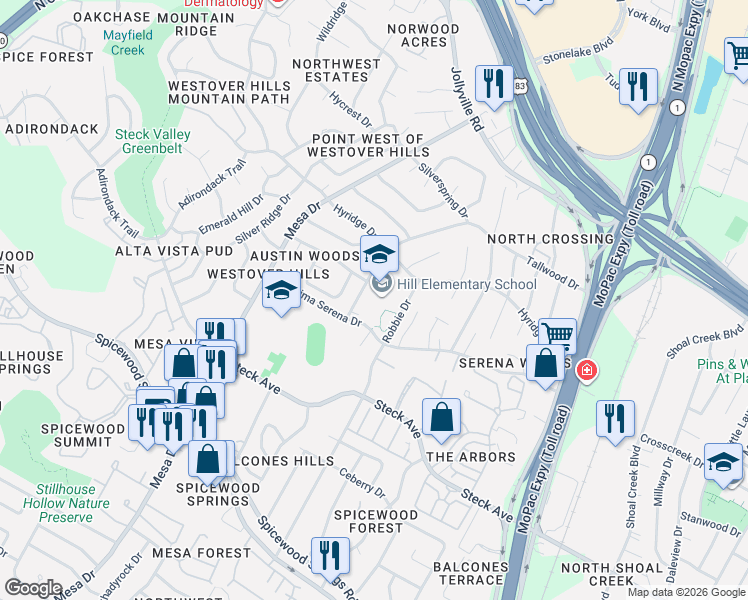 map of restaurants, bars, coffee shops, grocery stores, and more near 8601 Tallwood Drive in Austin