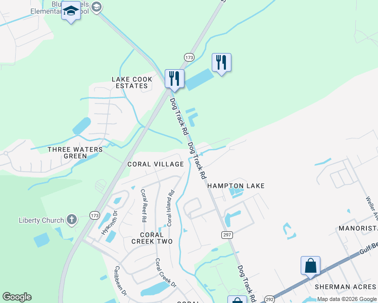 map of restaurants, bars, coffee shops, grocery stores, and more near 2125 Dog Track Road in Pensacola