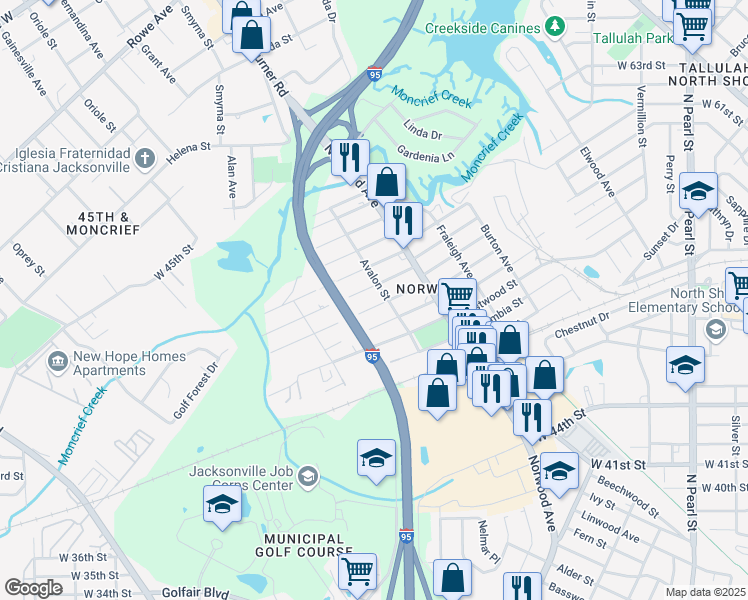 map of restaurants, bars, coffee shops, grocery stores, and more near 1021 Maynard Street in Jacksonville