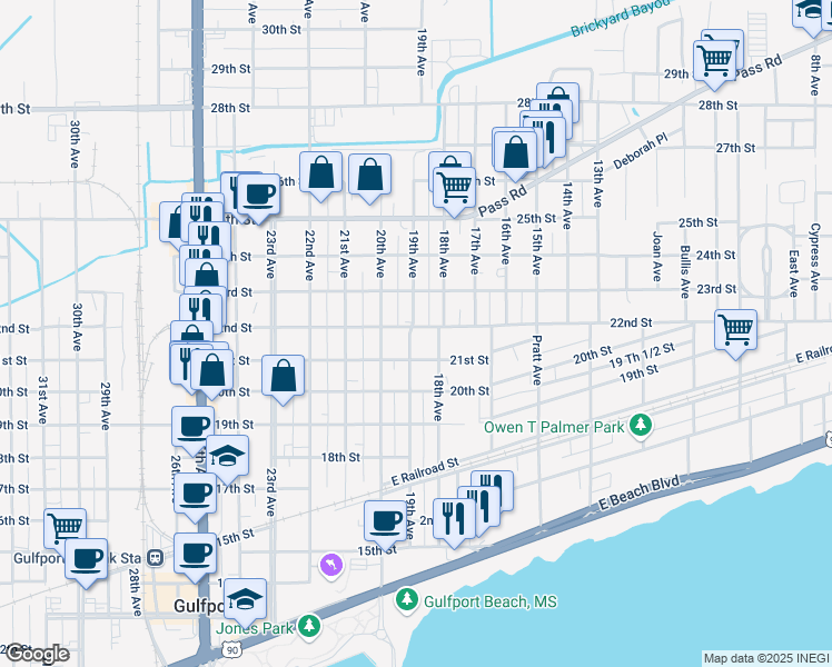 map of restaurants, bars, coffee shops, grocery stores, and more near 2122 19th Avenue in Gulfport