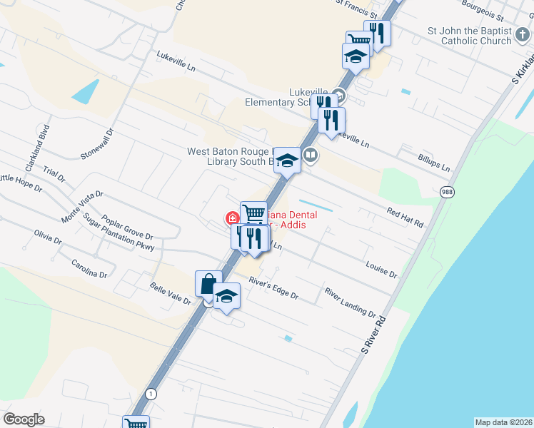 map of restaurants, bars, coffee shops, grocery stores, and more near 6865 Louisiana 1 in Brusly