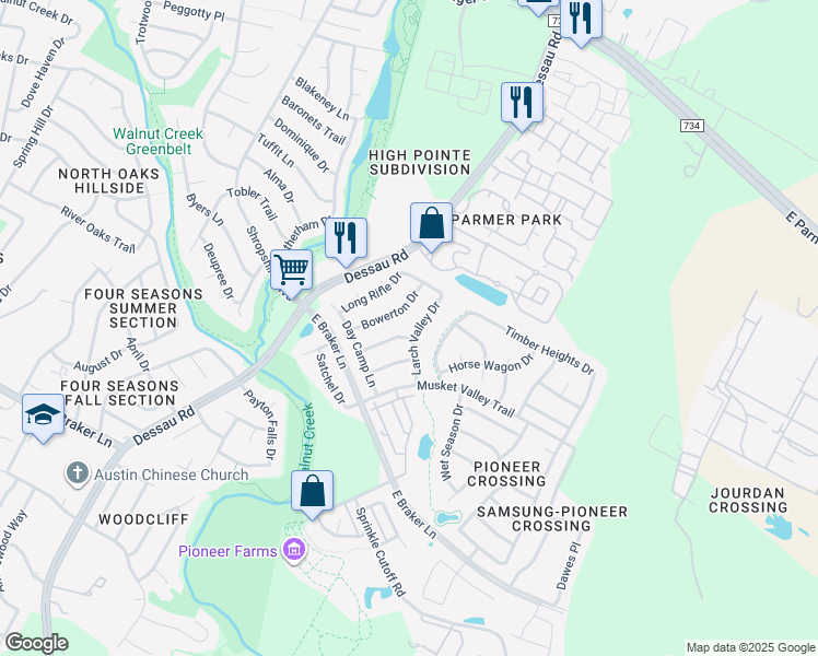 map of restaurants, bars, coffee shops, grocery stores, and more near 11604 Larch Valley Drive in Austin