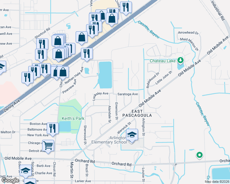 map of restaurants, bars, coffee shops, grocery stores, and more near 4317 Locksley Ave in Pascagoula