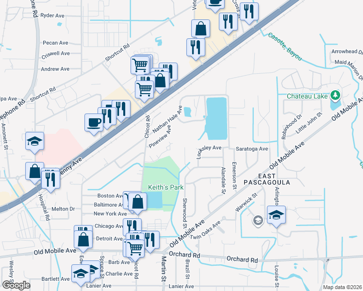 map of restaurants, bars, coffee shops, grocery stores, and more near 4217 Greenwood Avenue in Pascagoula