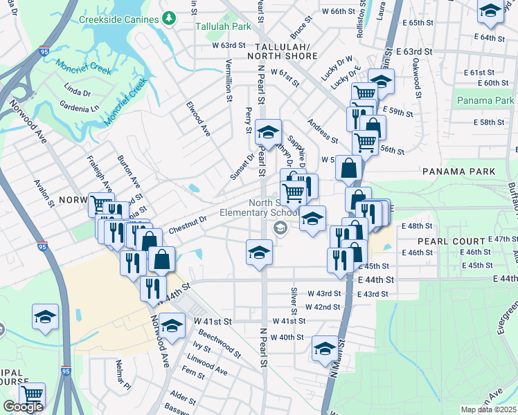 map of restaurants, bars, coffee shops, grocery stores, and more near 5902 North Pearl Street in Jacksonville