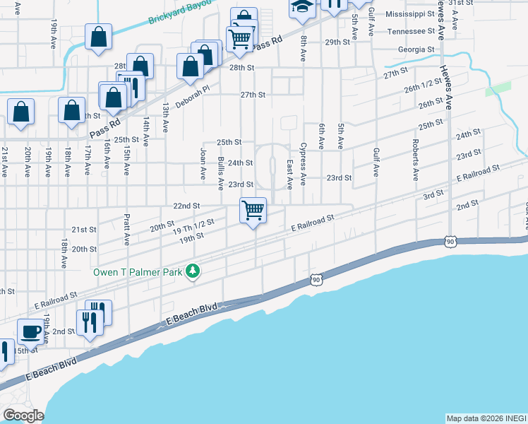 map of restaurants, bars, coffee shops, grocery stores, and more near 1902 Kelly Avenue in Gulfport