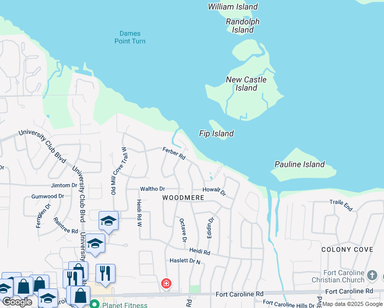 map of restaurants, bars, coffee shops, grocery stores, and more near 6565 Ferber Road in Jacksonville