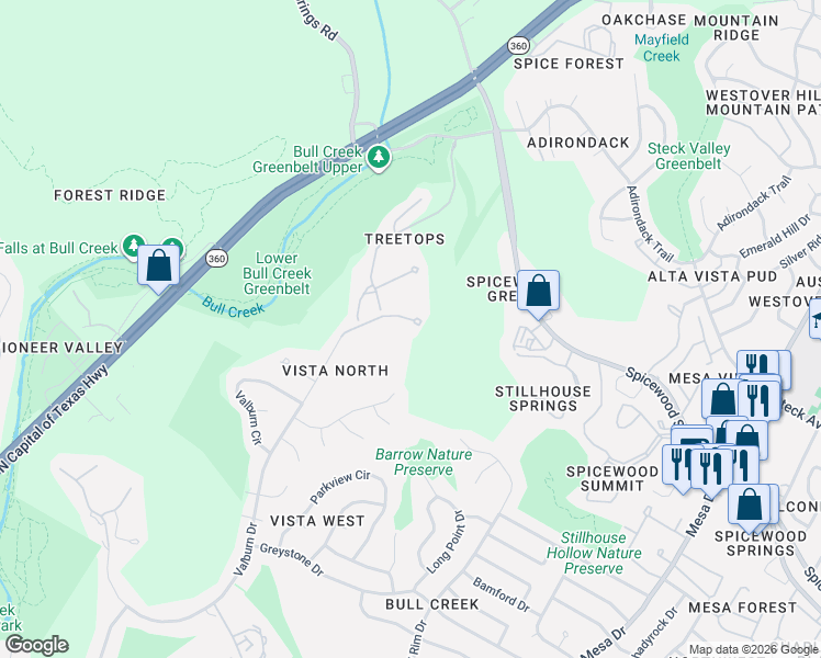 map of restaurants, bars, coffee shops, grocery stores, and more near 5005 Valburn Court in Austin