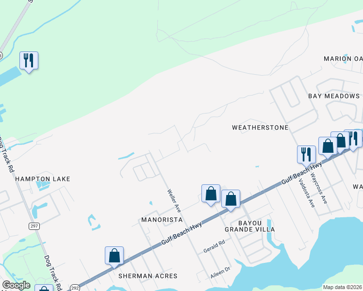map of restaurants, bars, coffee shops, grocery stores, and more near 8713 Bradfield Drive in Pensacola