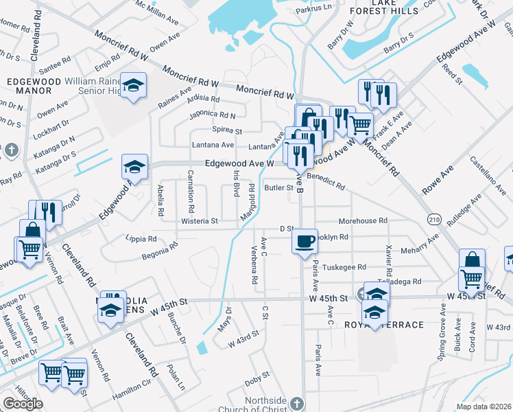 map of restaurants, bars, coffee shops, grocery stores, and more near 5811 Marigold Road in Jacksonville