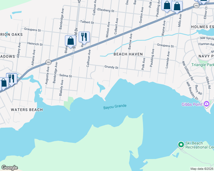 map of restaurants, bars, coffee shops, grocery stores, and more near 303 Colbert Avenue in Pensacola