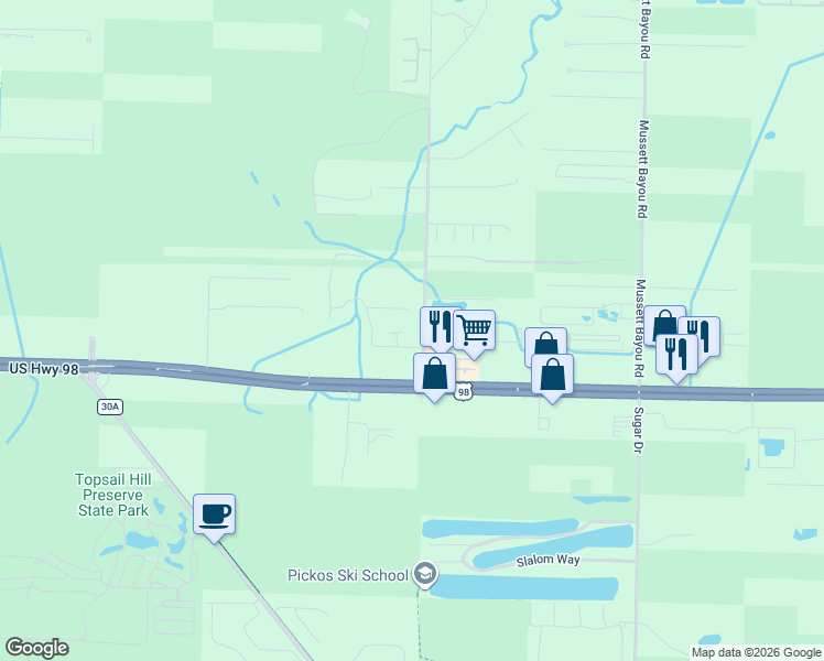 map of restaurants, bars, coffee shops, grocery stores, and more near 8 Blenheim Lane in Santa Rosa Beach