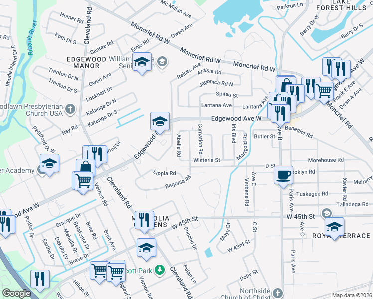map of restaurants, bars, coffee shops, grocery stores, and more near 5753 Begonia Road in Jacksonville
