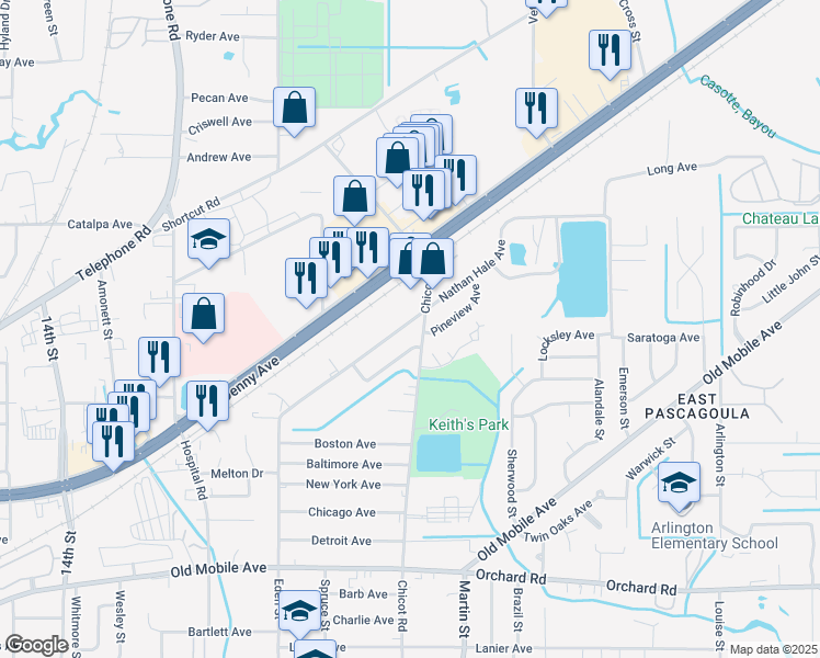 map of restaurants, bars, coffee shops, grocery stores, and more near 3510 Nathan Hale Avenue in Pascagoula