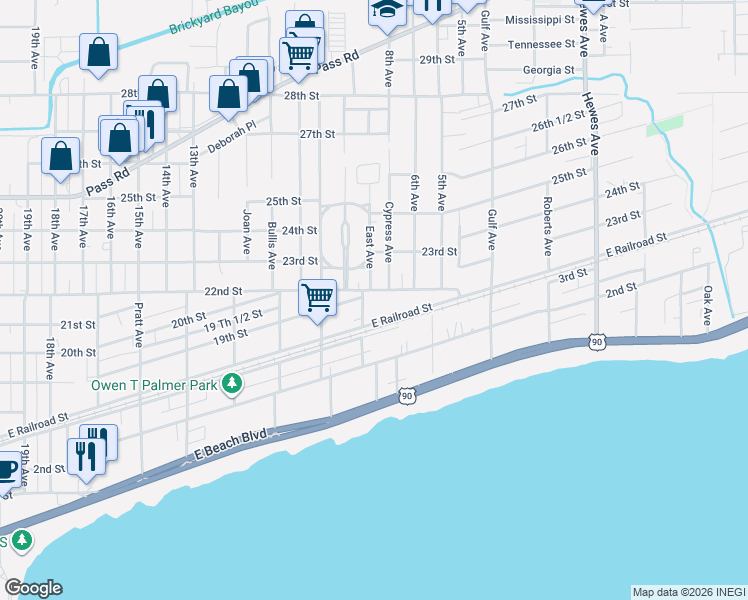 map of restaurants, bars, coffee shops, grocery stores, and more near 1818 Jones Avenue in Gulfport