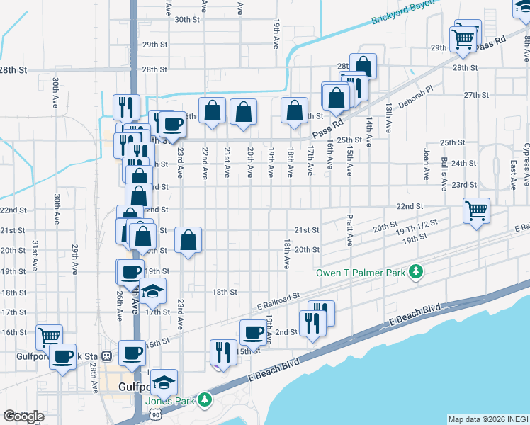 map of restaurants, bars, coffee shops, grocery stores, and more near 2121 19th Avenue in Gulfport