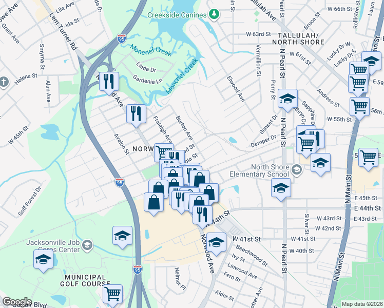 map of restaurants, bars, coffee shops, grocery stores, and more near 725 Escambia Street in Jacksonville