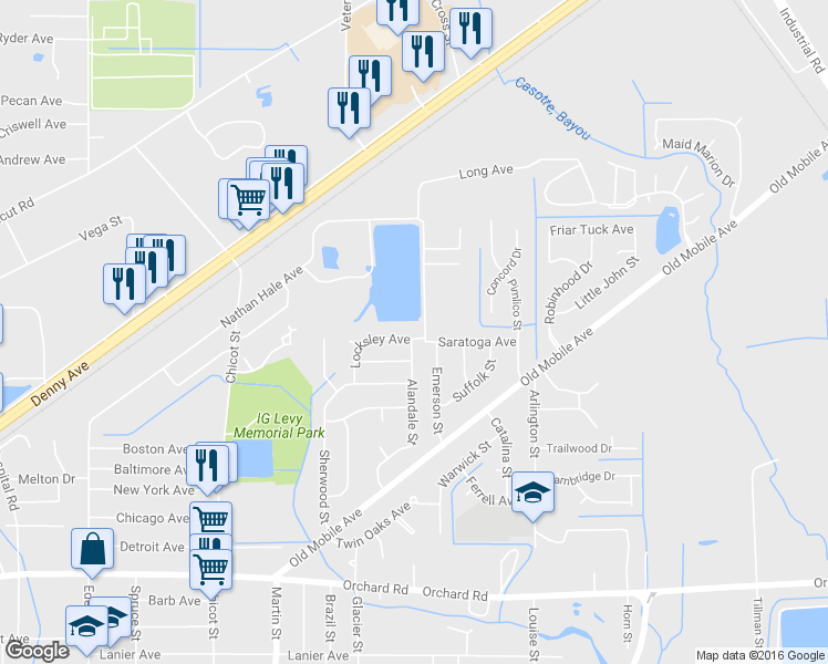map of restaurants, bars, coffee shops, grocery stores, and more near 4317 Locksley Avenue in Pascagoula