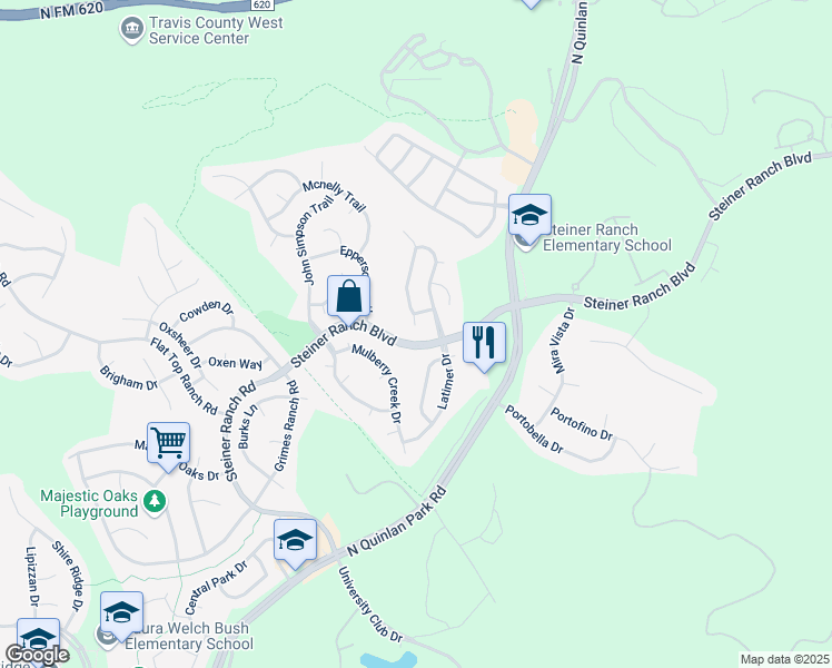 map of restaurants, bars, coffee shops, grocery stores, and more near 3700 Caney Creek Road in Austin