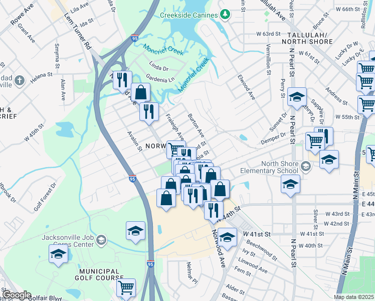 map of restaurants, bars, coffee shops, grocery stores, and more near 821 Crestwood Street in Jacksonville