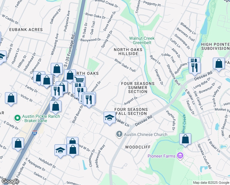 map of restaurants, bars, coffee shops, grocery stores, and more near 11404 Walnut Ridge Drive in Austin