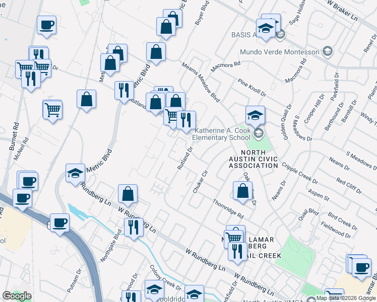map of restaurants, bars, coffee shops, grocery stores, and more near 1735 Rutland Drive in Austin