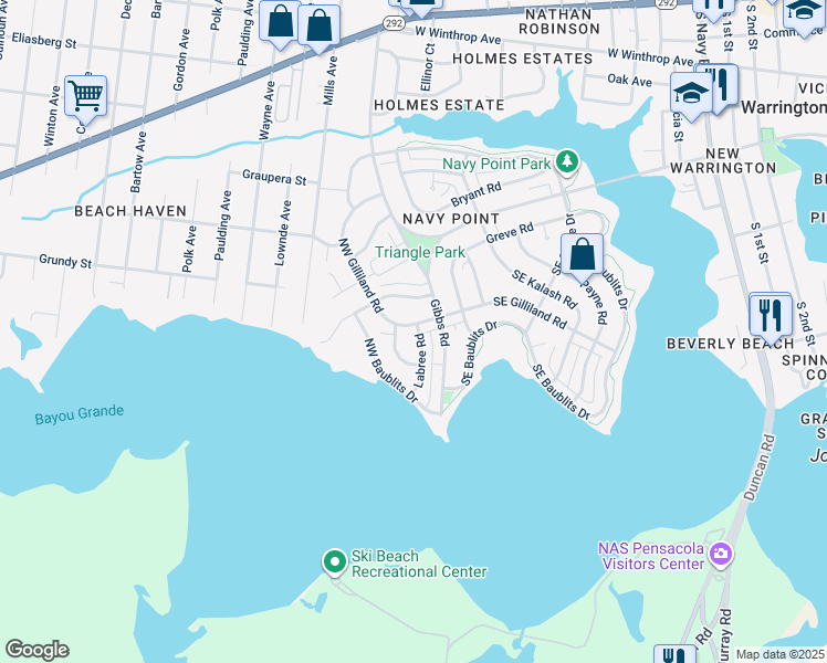 map of restaurants, bars, coffee shops, grocery stores, and more near 401 Labree Road in Pensacola