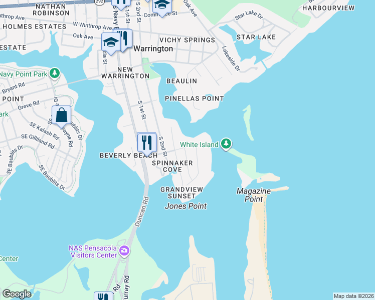 map of restaurants, bars, coffee shops, grocery stores, and more near 603 Silvershore Drive in Pensacola