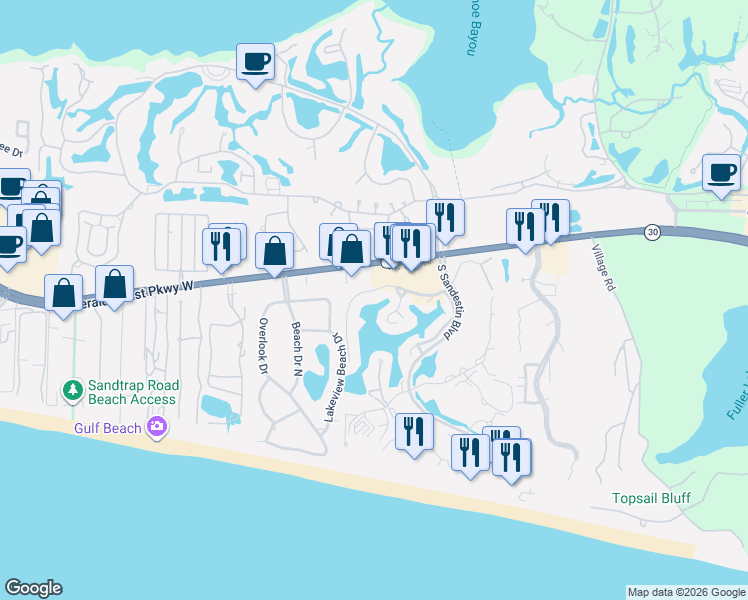 map of restaurants, bars, coffee shops, grocery stores, and more near 5150 Beachwalk Circle in Destin