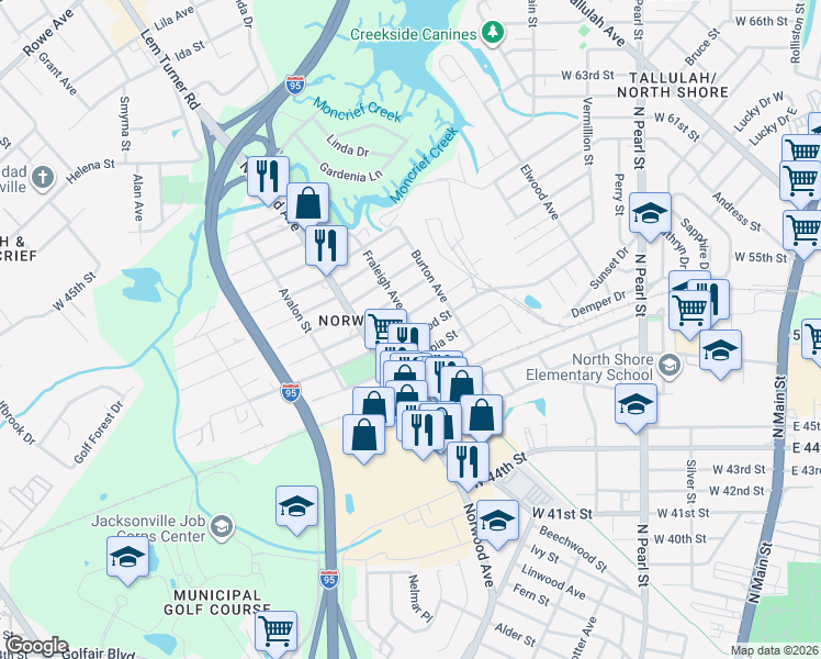 map of restaurants, bars, coffee shops, grocery stores, and more near 821 Crestwood Street in Jacksonville