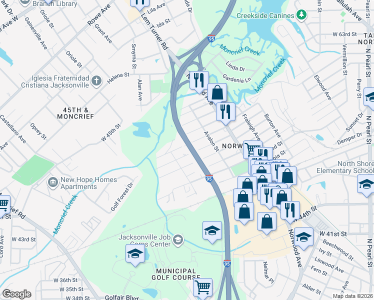 map of restaurants, bars, coffee shops, grocery stores, and more near 1119 Kenmore Street in Jacksonville