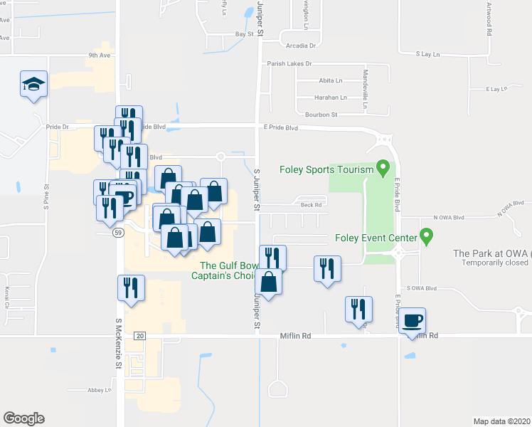 map of restaurants, bars, coffee shops, grocery stores, and more near 2651 South Juniper Street in Foley