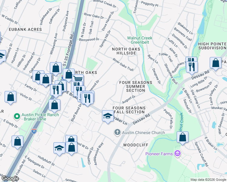 map of restaurants, bars, coffee shops, grocery stores, and more near 11404 Walnut Ridge Drive in Austin