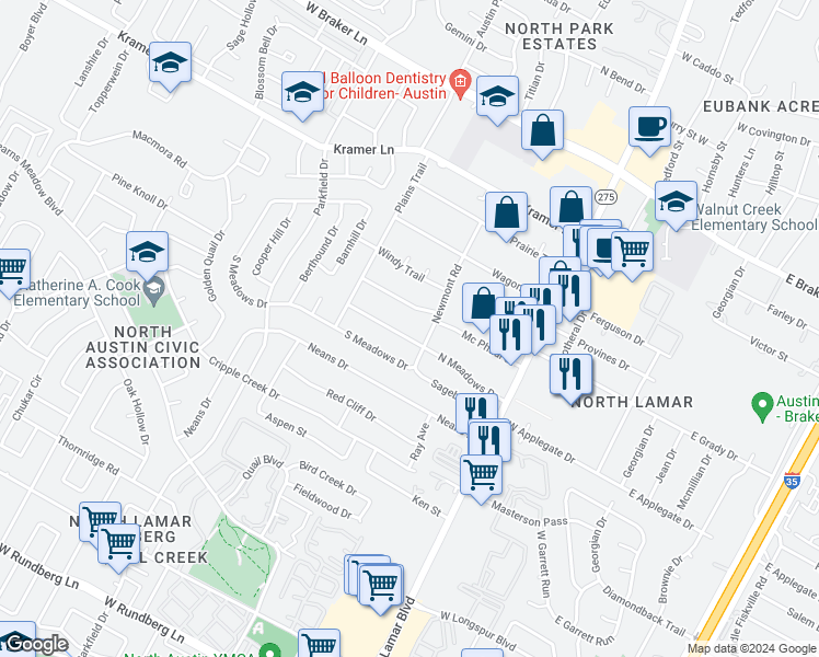 map of restaurants, bars, coffee shops, grocery stores, and more near 1008 North Meadows Drive in Austin