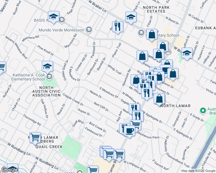 map of restaurants, bars, coffee shops, grocery stores, and more near 1102 South Meadows Drive in Austin