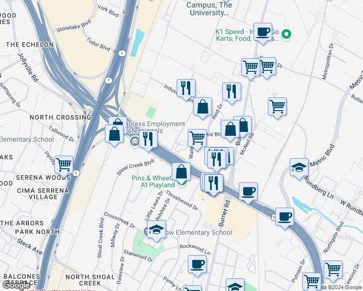 map of restaurants, bars, coffee shops, grocery stores, and more near 300 Research Boulevard in Austin