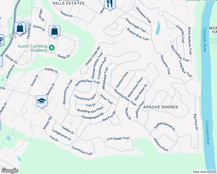 map of restaurants, bars, coffee shops, grocery stores, and more near 1407 Running Deer Trail in Austin