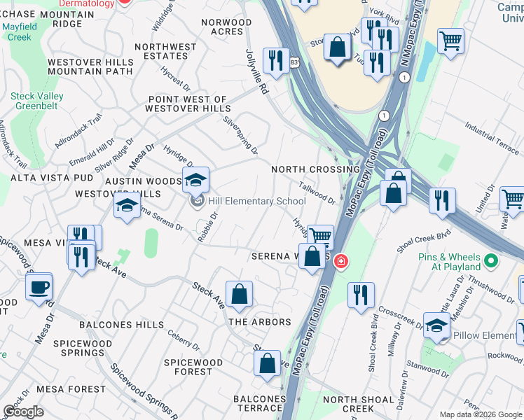 map of restaurants, bars, coffee shops, grocery stores, and more near 8614 Honeysuckle Trail in Austin