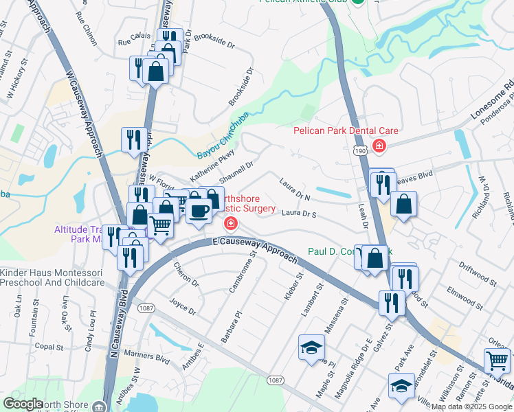 map of restaurants, bars, coffee shops, grocery stores, and more near 539 Laura Drive South in Mandeville