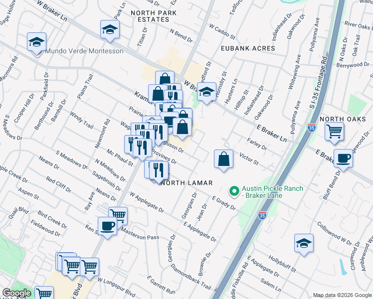 map of restaurants, bars, coffee shops, grocery stores, and more near 404 Ferguson Drive in Austin