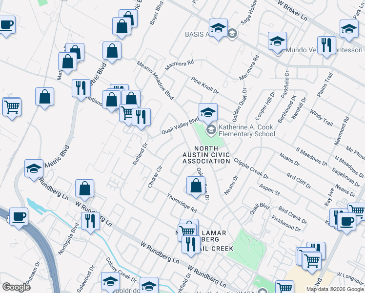 map of restaurants, bars, coffee shops, grocery stores, and more near 10105 Chukar Circle in Austin