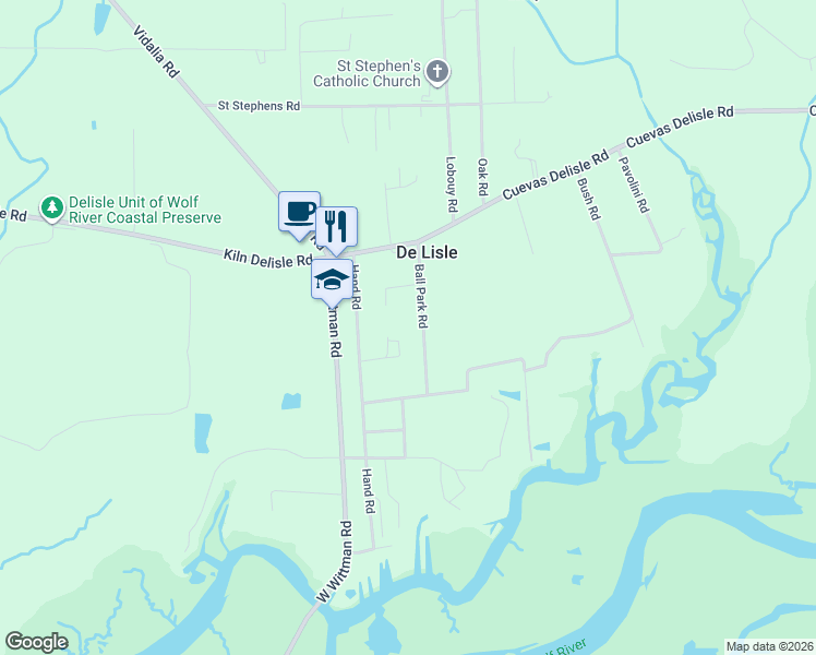 map of restaurants, bars, coffee shops, grocery stores, and more near 6247 Ball Park Road in Pass Christian