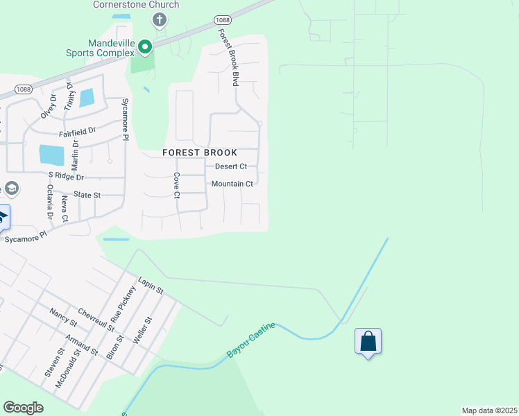 map of restaurants, bars, coffee shops, grocery stores, and more near 3038 Lake Court in Mandeville