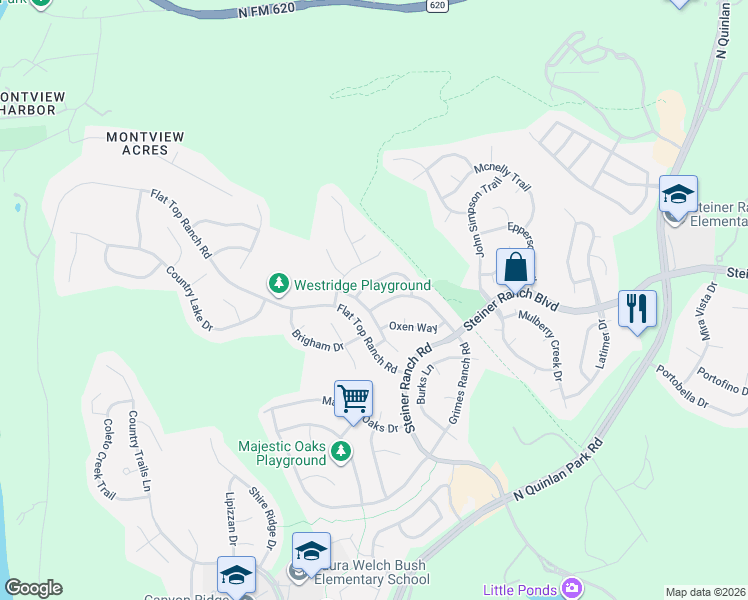 map of restaurants, bars, coffee shops, grocery stores, and more near 3525 Grimes Ranch Road in Austin
