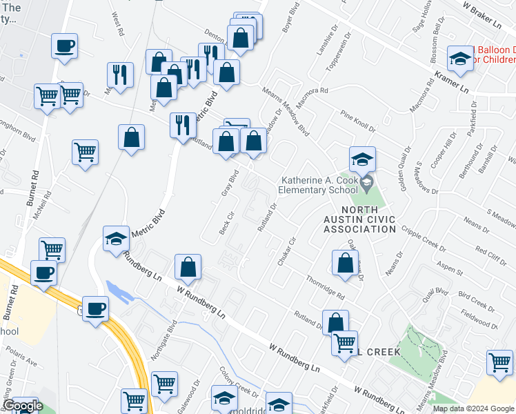 map of restaurants, bars, coffee shops, grocery stores, and more near 1727 Rutland Drive in Austin