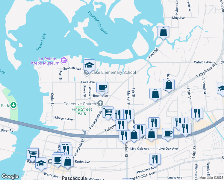 map of restaurants, bars, coffee shops, grocery stores, and more near 4307 Pascagoula Street in Pascagoula
