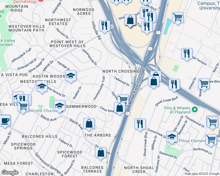 map of restaurants, bars, coffee shops, grocery stores, and more near 8701 Willowick Drive in Austin