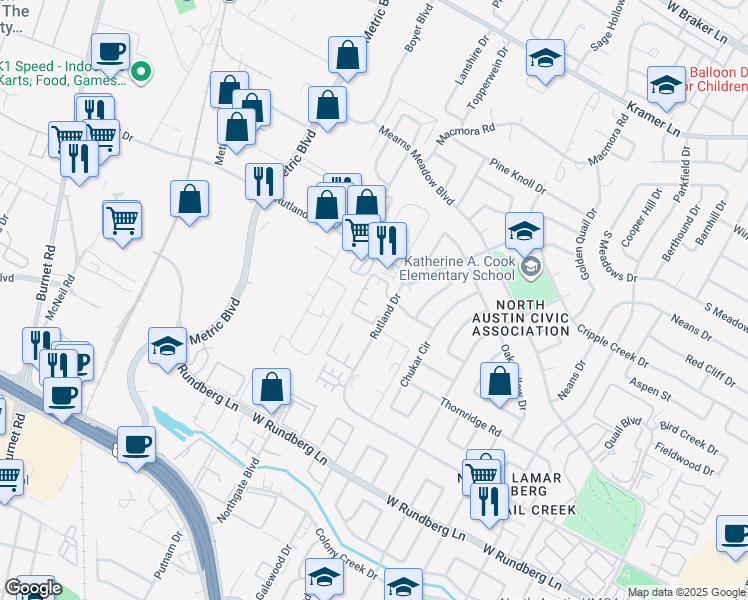 map of restaurants, bars, coffee shops, grocery stores, and more near 1735 Rutland Drive in Austin