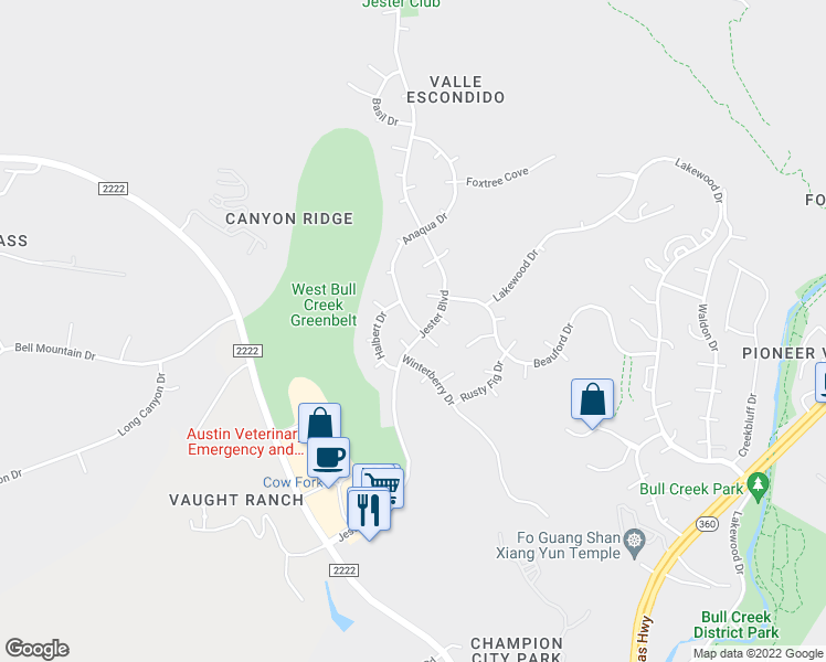 map of restaurants, bars, coffee shops, grocery stores, and more near 7004 Jester Boulevard in Austin